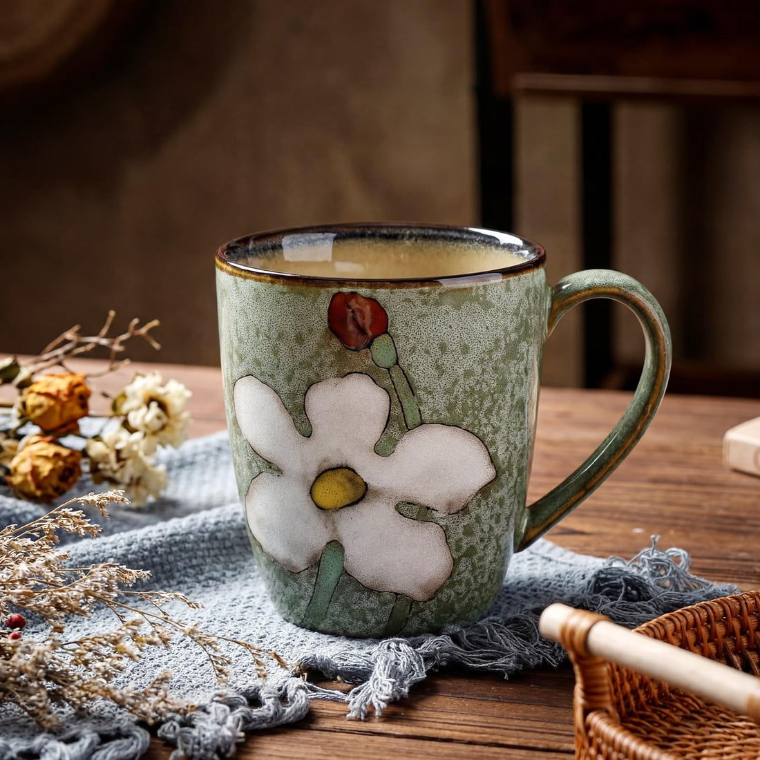 Hand-Painted Floral Ceramic Mug – 12 oz, Glazing Process Cappuccino Cup