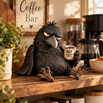 Grumpy Coffee Raven Figurine