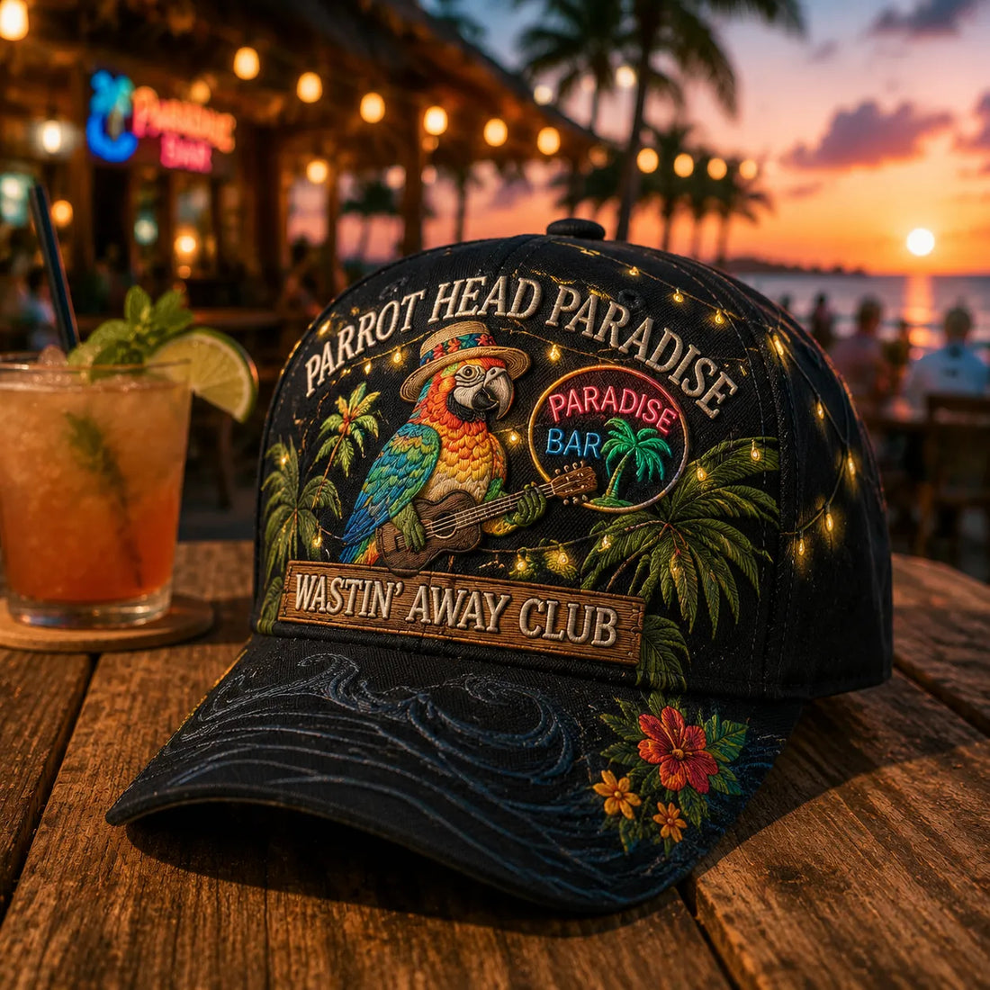 Tropical Parrot Paradise Cap – Island Bar Vacation Hat with Pirate Parrot Design