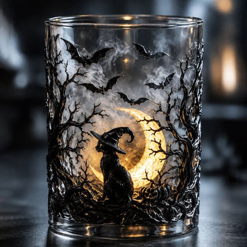 Halloween Black Cat Moon Whiskey Glass