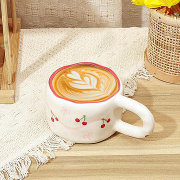 Hand-Painted Cherry & Bow Ceramic Mug – Wavy Rim Kawaii Tea Cup