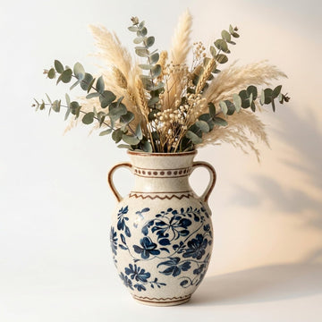 Ceramic Vintage Chinese Crackle Vase – Blue with Floral Handle & Double Handle