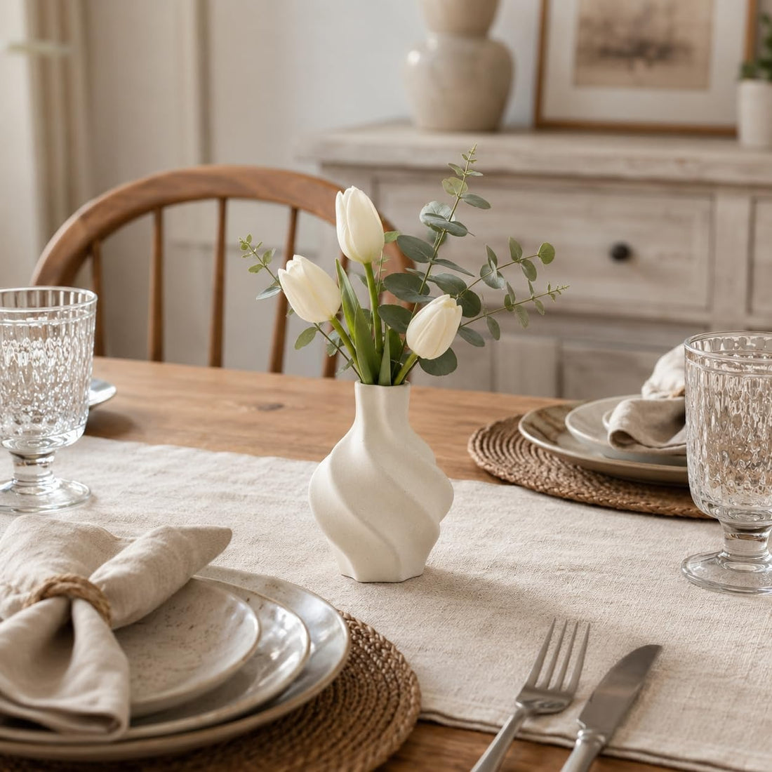 Small Ceramic White Flower Vase – 4.9 Inch Farmhouse Table Vase