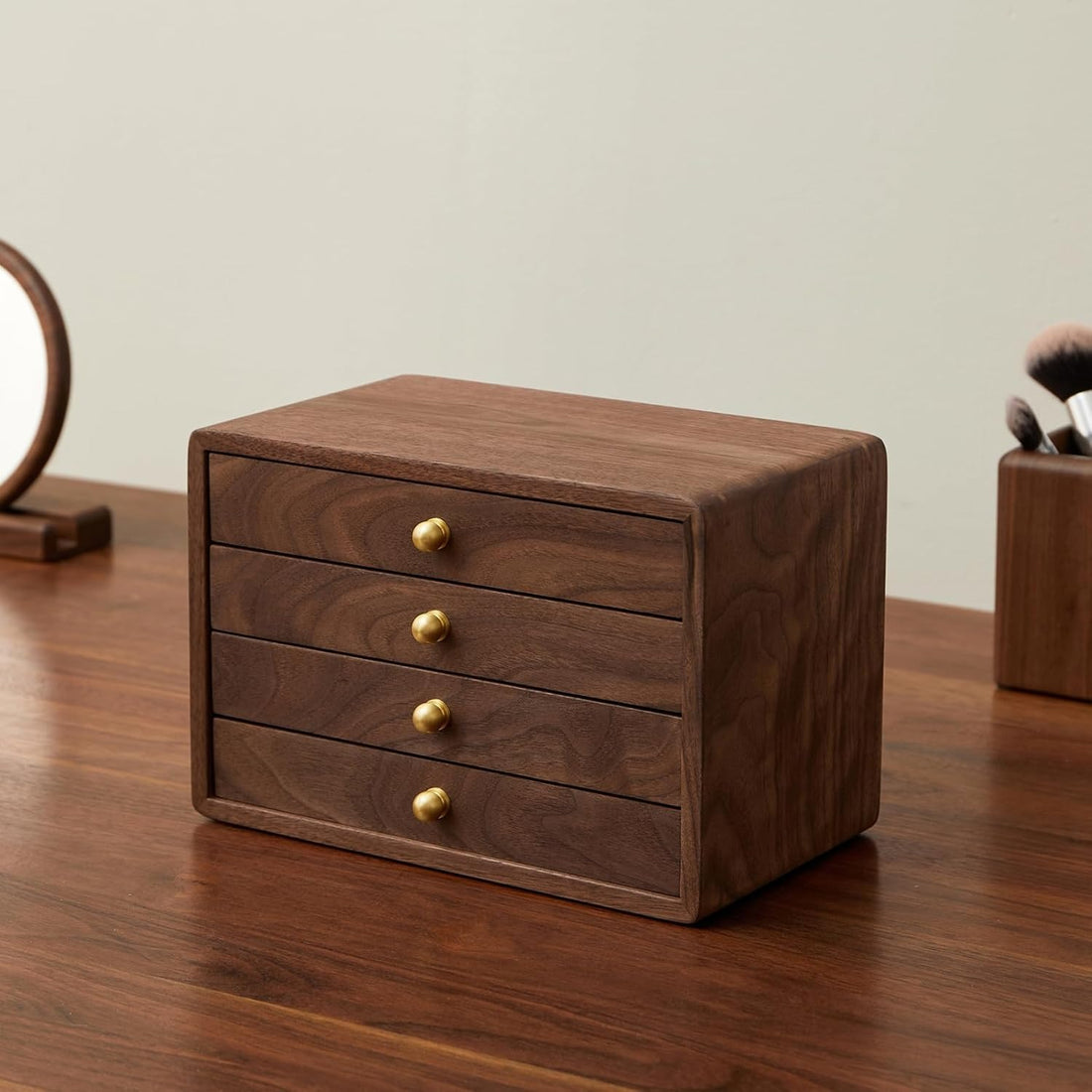 Solid Black Walnut Jewelry Box with Brass Handles – Large Velvet-Lined Organizer