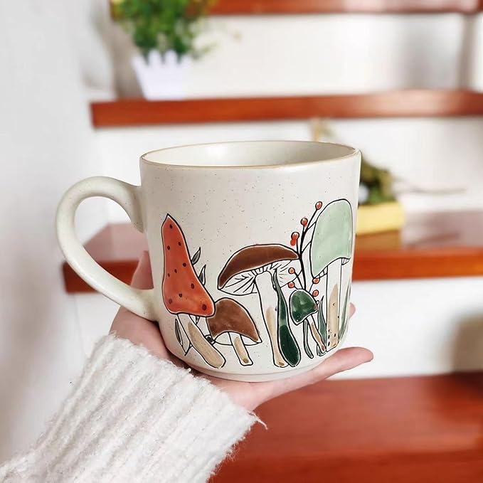 Colorful Vintage Mushroom Ceramic Mug – Hand-Painted Tea & Coffee Cup