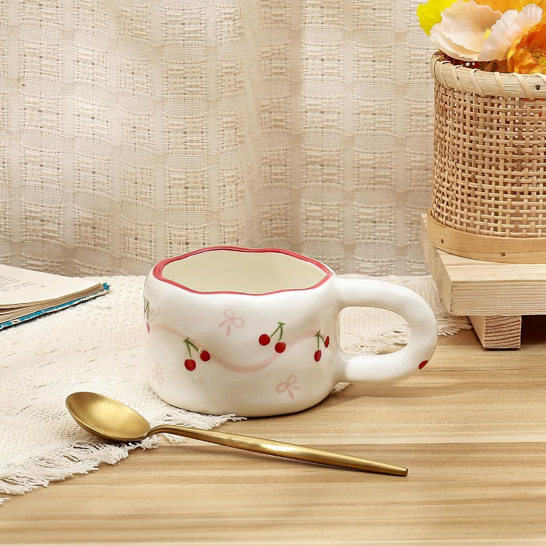 Hand-Painted Cherry & Bow Ceramic Mug – Wavy Rim Kawaii Tea Cup