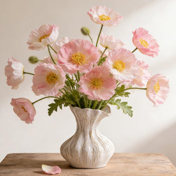 White Ceramic Flower Vase – Shell Fluted Rustic Form, Farmhouse Decor