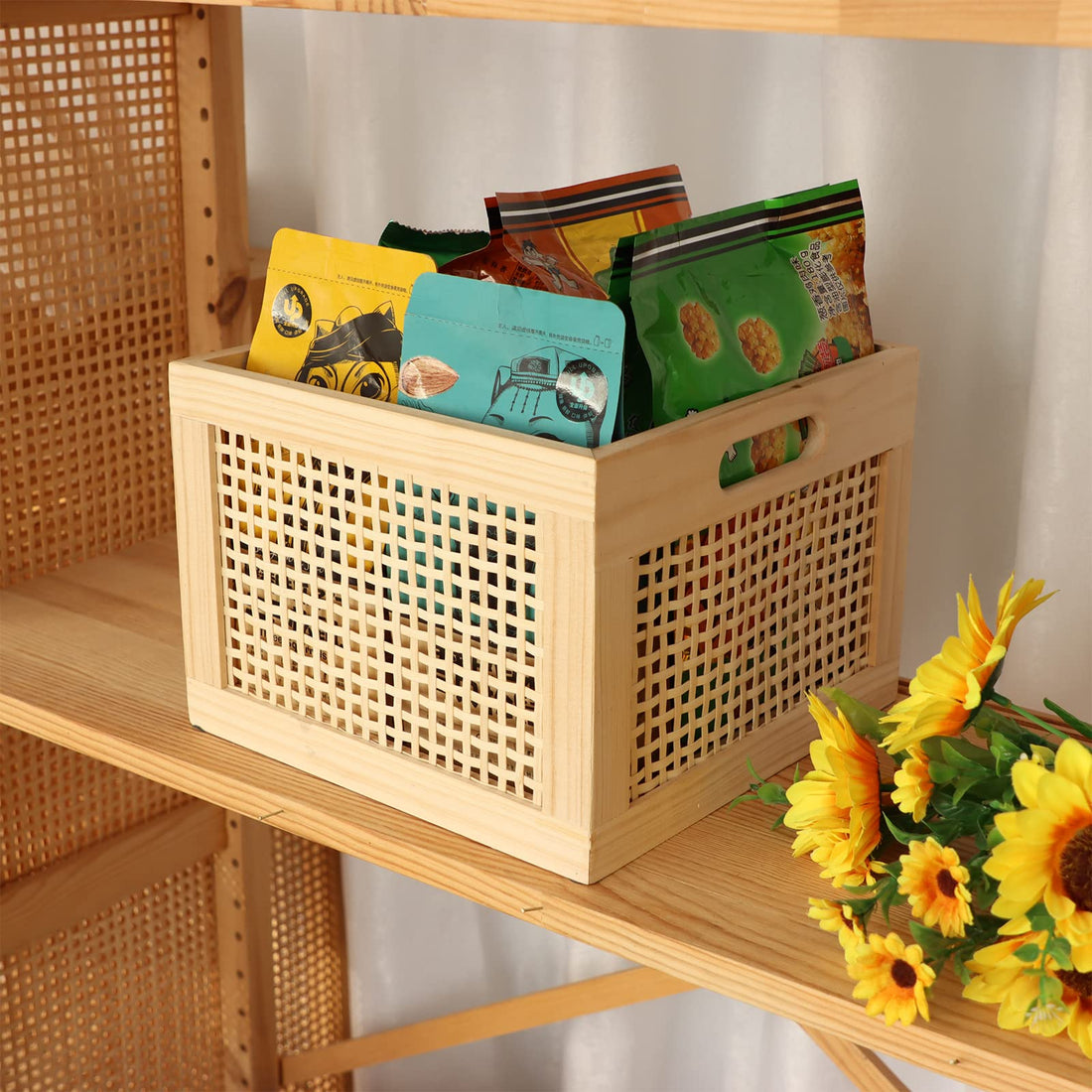 Bamboo & Pine Wood Storage Cube – Decorative Square Basket Organizer
