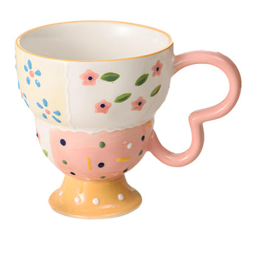 Hand-Painted Embossed Floral Ceramic Mug – Pink Grid High Goblet Coffee Cup