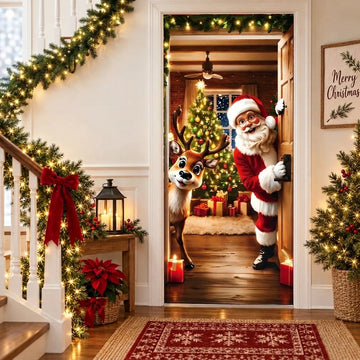 Santa & Reindeer Christmas Door Cover