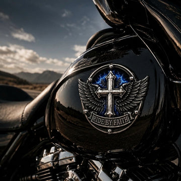 Ride By Faith Winged Cross Metal Emblem