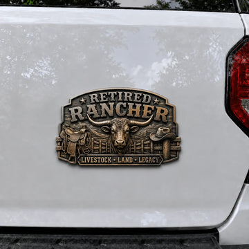 Retired Rancher Truck Metal Emblem Western Cowboy Retirement Badge