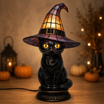 Gothic Stained Resin Witch Black Cat Table Lamp | Halloween Witch Hat Night Light Decor