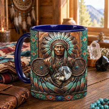 Native American Chief and Spirit Wolf Dreamcatcher Coffee Mug