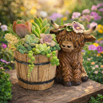 Adorable Ceramic Highland Cow with Wooden Barrel Planter for Succulents