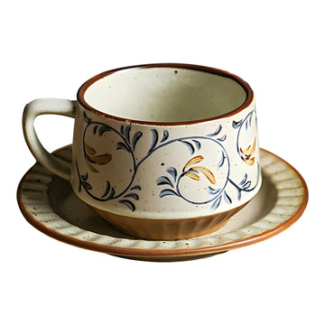Hand-Painted Underglaze Ceramic Tea Cup & Saucer Set – Vintage Coffee Mug
