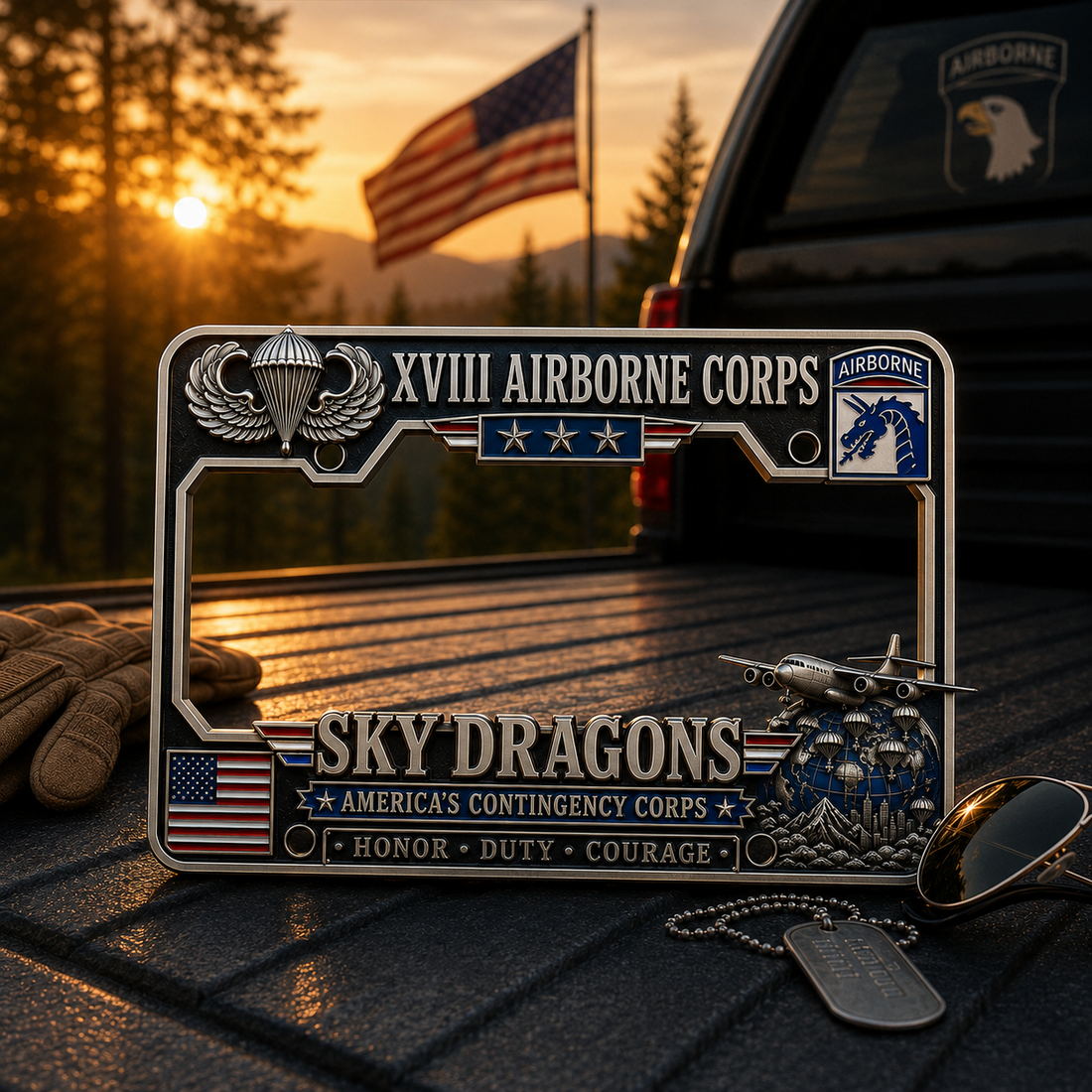 U.S. Army XVIII Airborne Corps “Sky Dragons” Tribute License Plate Frame