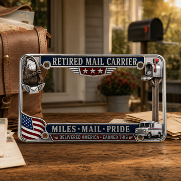 Retired Mail Carrier Miles • Mail • Pride Metal License Plate Frame