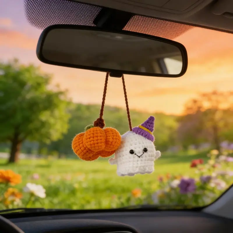Crochet Ghost & Pumpkin Rear View Mirror Charm