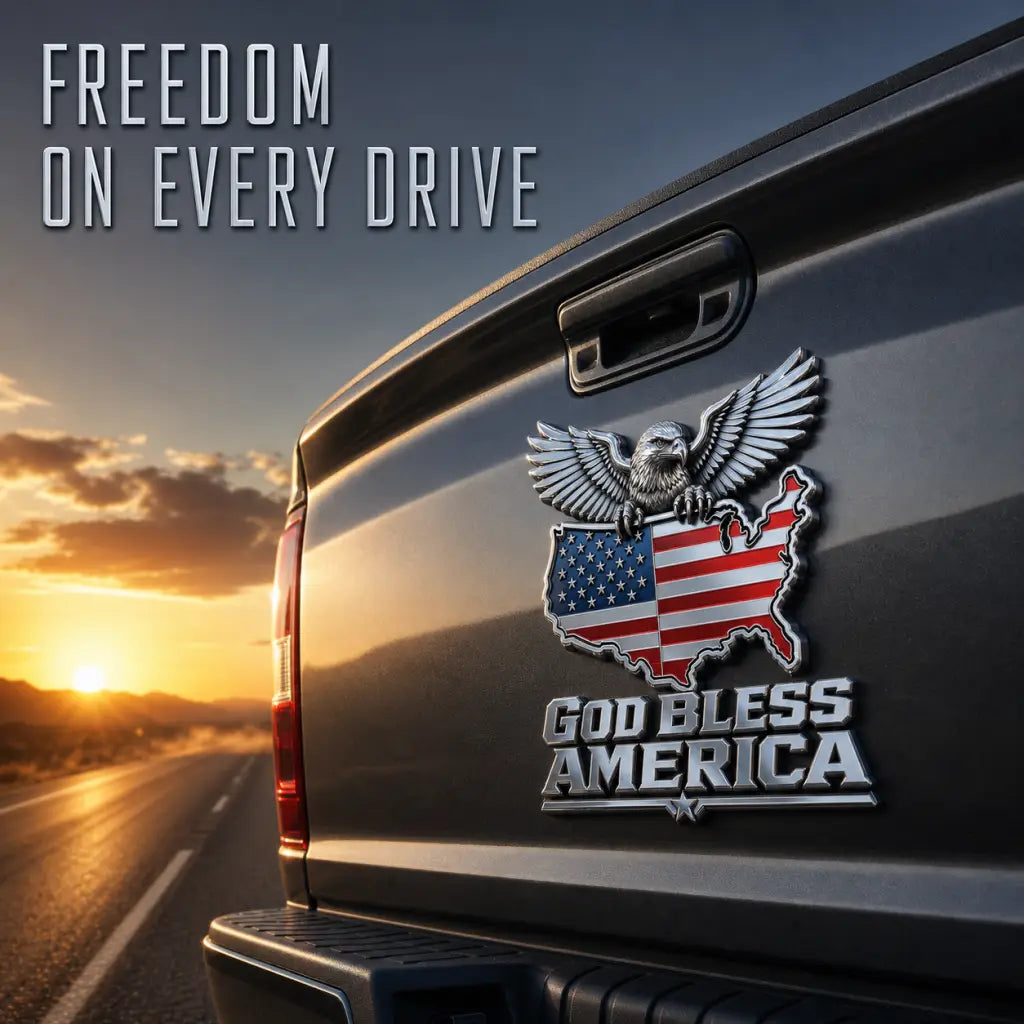God Bless America Metal Emblem — Bald Eagle with U.S. Map Design