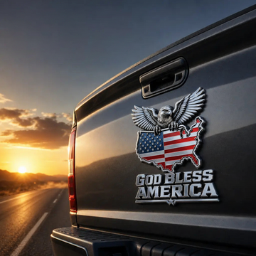 God Bless America Metal Emblem — Bald Eagle with U.S. Map Design