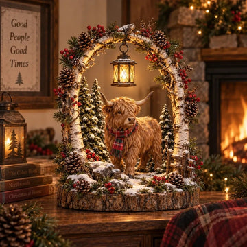 Highland Cow Christmas Woodland Lantern Decor