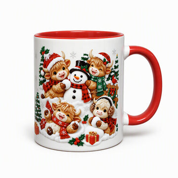 Festive Christmas Highland Cow and Snowman Ceramic Mug