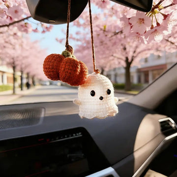 Crochet Ghost & Pumpkin Rear View Mirror Charm