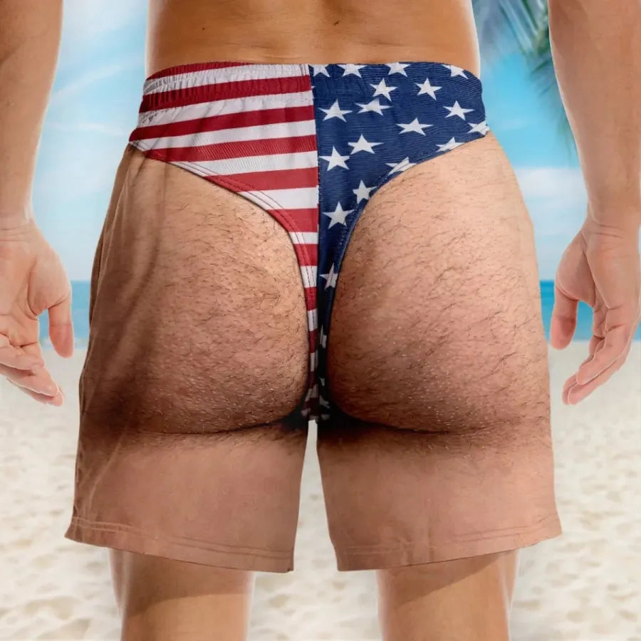 Funny Patriotic Men’s Swim Trunks – Freedom & Chill Summer Beach Shorts