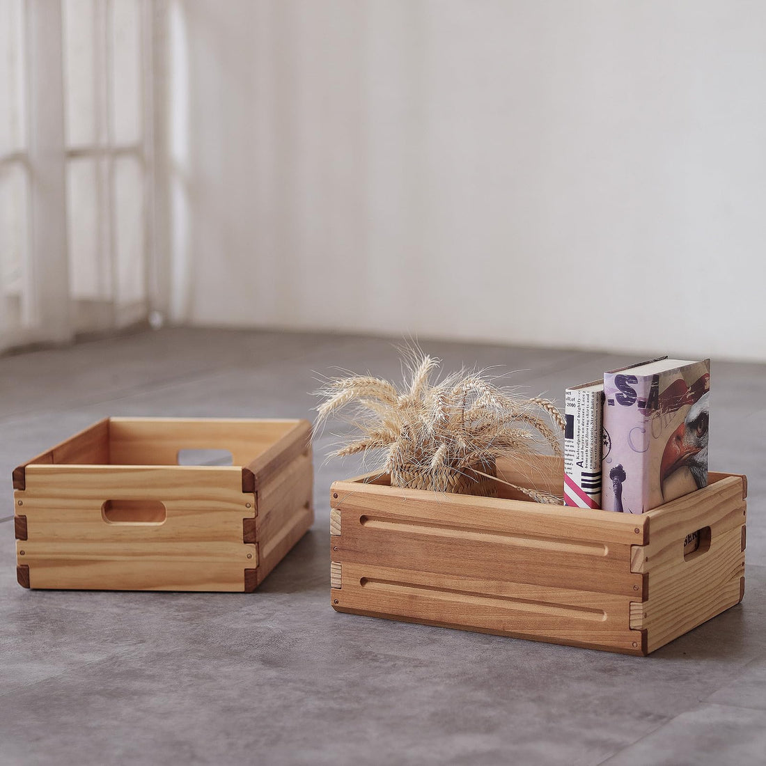 Solid Wood Storage Bin – Open Box with Handles, Farmhouse Shelf Basket