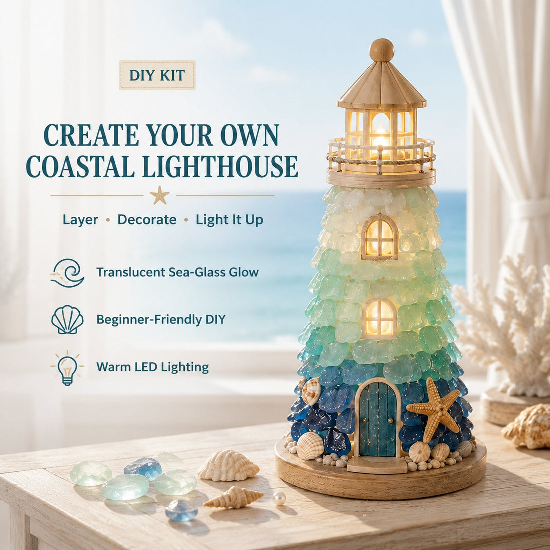 Beginner-Friendly DIY Lighted Sea Glass-Style Lighthouse Kit Collection