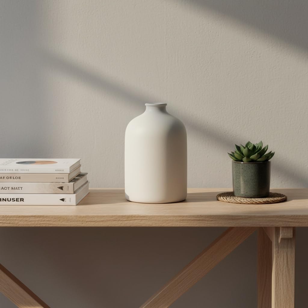 White Ceramic Vase – 7 Inch Minimalist Modern Home Decor, Decorative Centerpiece