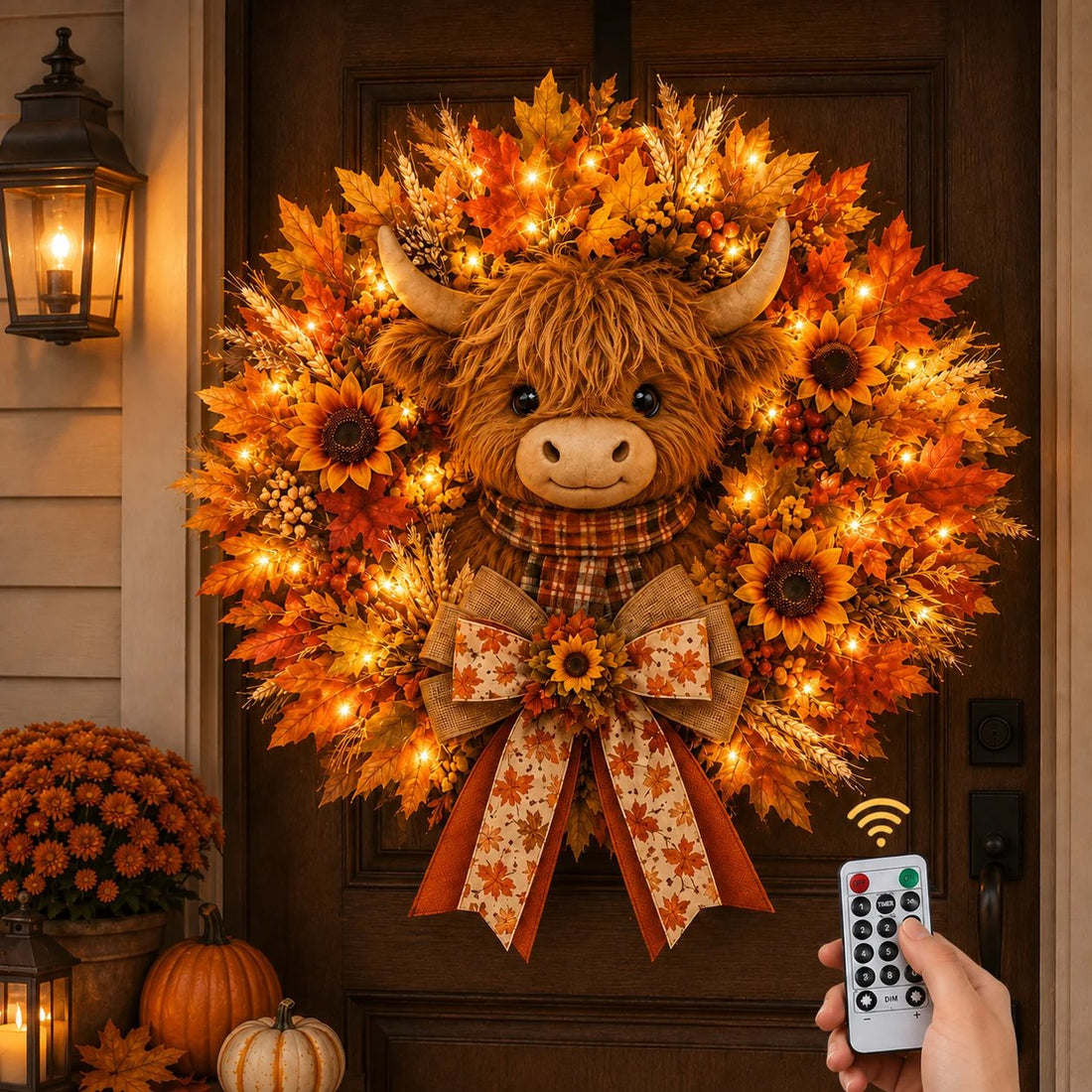 Autumn Highland cow wreath decoration with lights