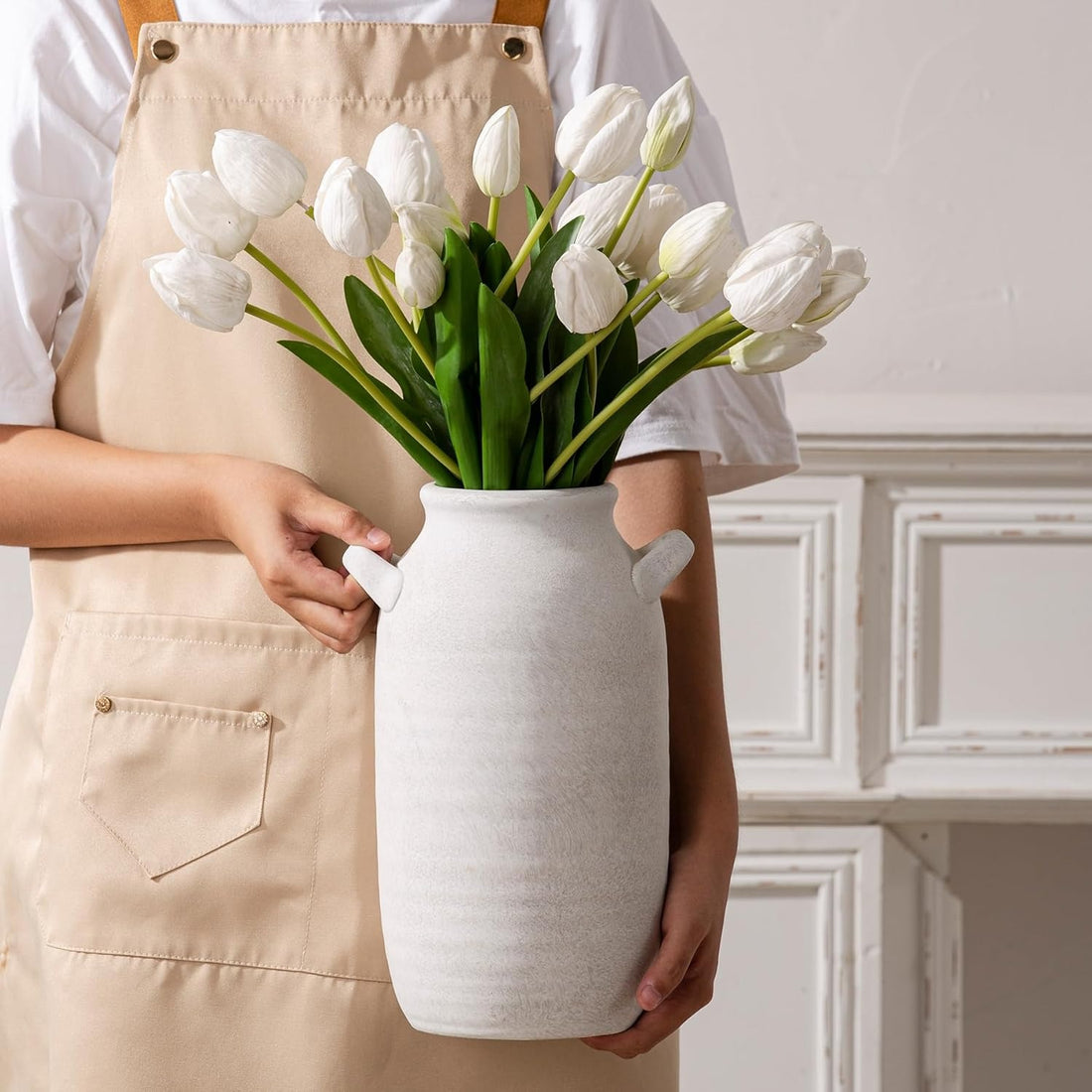 Tall Farmhouse Ceramic Vase with Handle