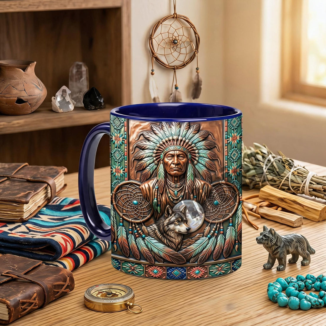Native American Chief and Spirit Wolf Dreamcatcher Coffee Mug