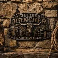 Retired Rancher Truck Metal Emblem Western Cowboy Retirement Badge