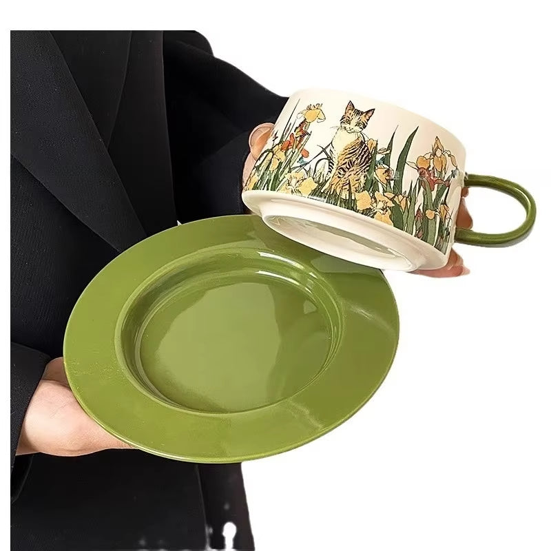 Vintage Hand-Painted Cat Mocha Set