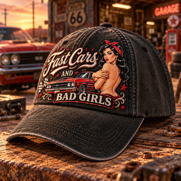 Fast Cars And Bad Girls Retro Muscle Car Pin-Up Baseball Cap