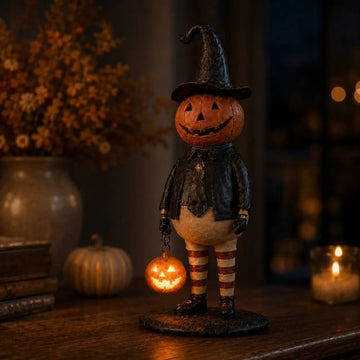 Pumpkin Witch Lantern Figurine – Spooky Whimsy Halloween Home Decor