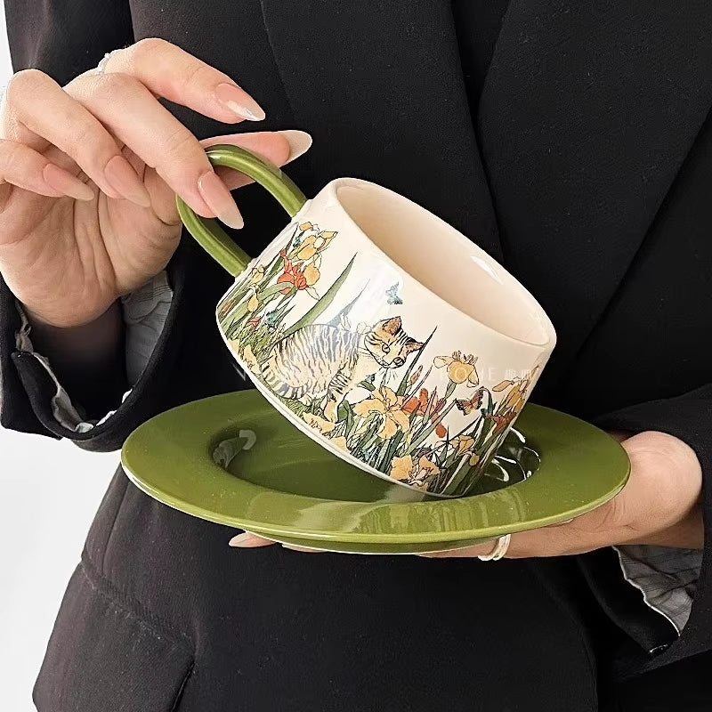 Vintage Hand-Painted Cat Mocha Set