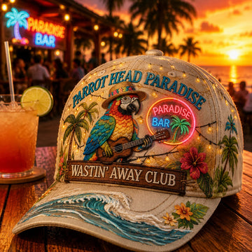 Tropical Parrot Paradise Cap – Island Bar Vacation Hat with Pirate Parrot Design