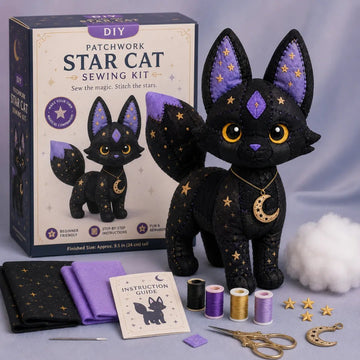Mystic Patchwork Animal Sewing Kit – DIY Plush Craft Kit with Starry Fabric, Moon Charm