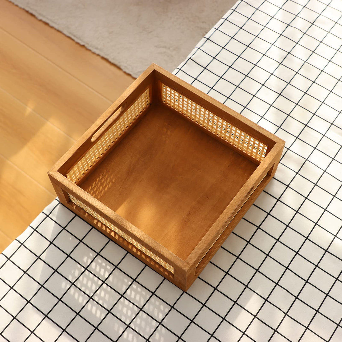 Woven Wooden Storage Crate Basket – Bamboo & Pine, Built-In Handles