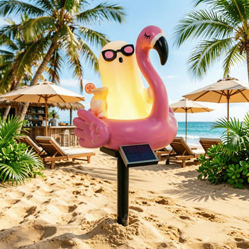 Solar Halloween Ghost Garden Stake Lights — Cute Ghost with Sunglasses in Pink Flamingo Pool Float Outdoor Decor