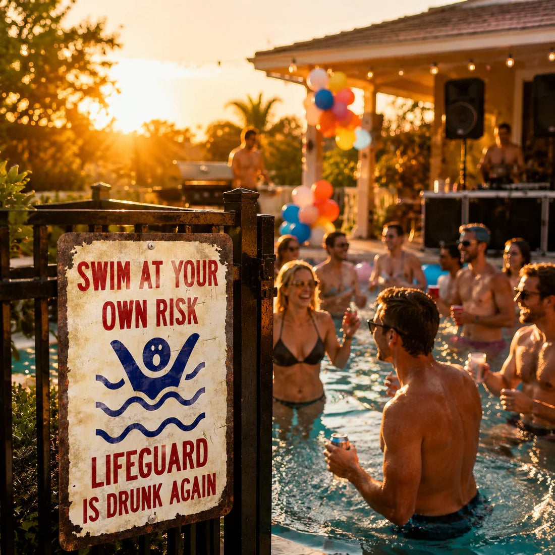 Vintage "Lifeguard Is Drunk Again" Pool Sign – Funny Metal Pool Wall Decor