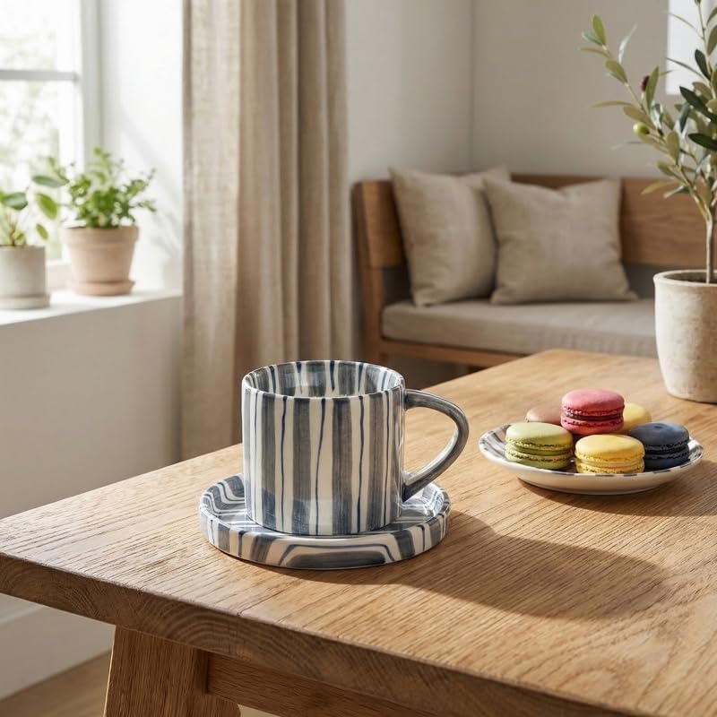 Hand-Painted Striped Ceramic Mug & Saucer Set – 8 oz Retro Cappuccino Cup
