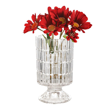 Pedestal Base Embossed Glass Vase – 9" Wide Mouth Ribbed Flower Vase