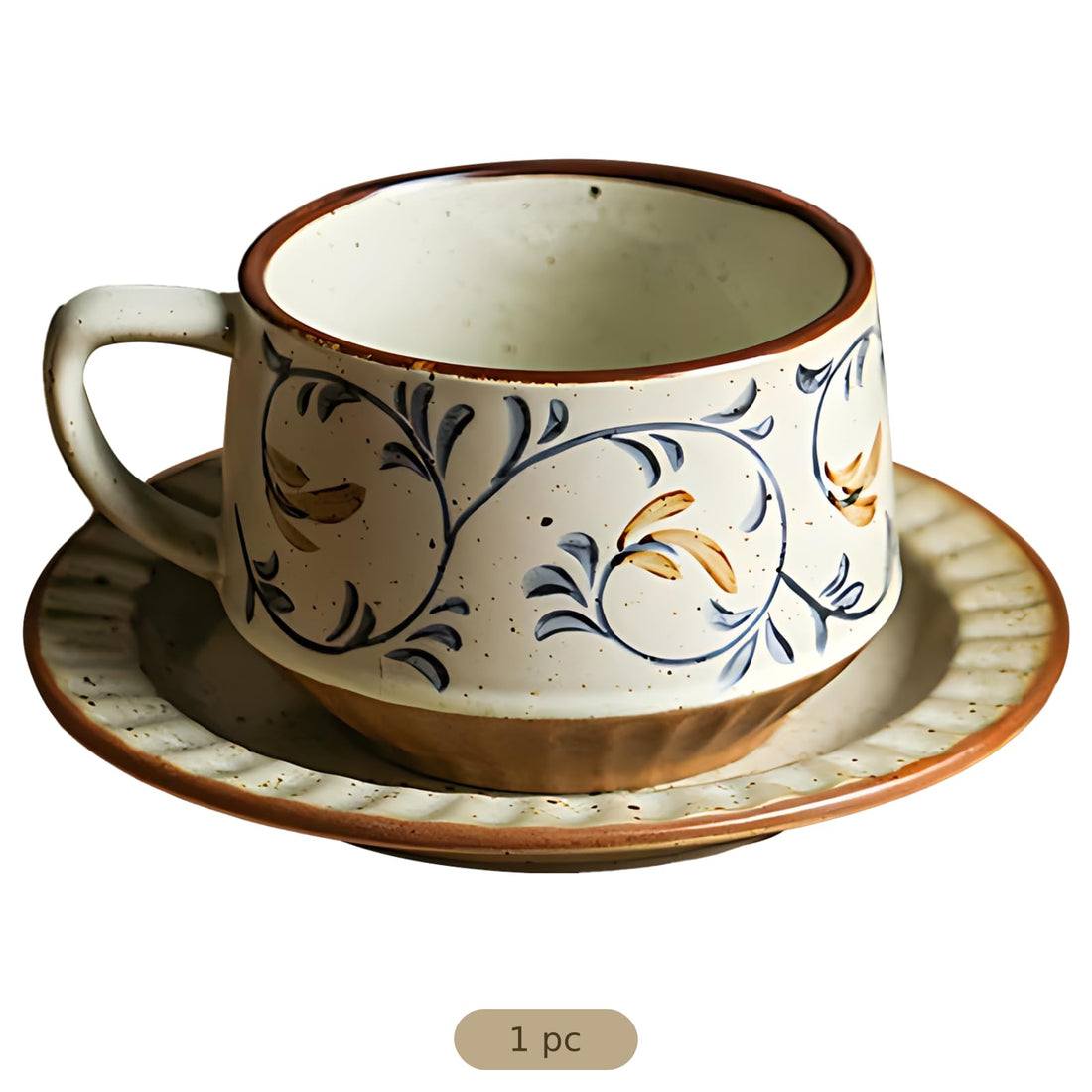 Hand-Painted Underglaze Ceramic Tea Cup & Saucer Set – Vintage Coffee Mug