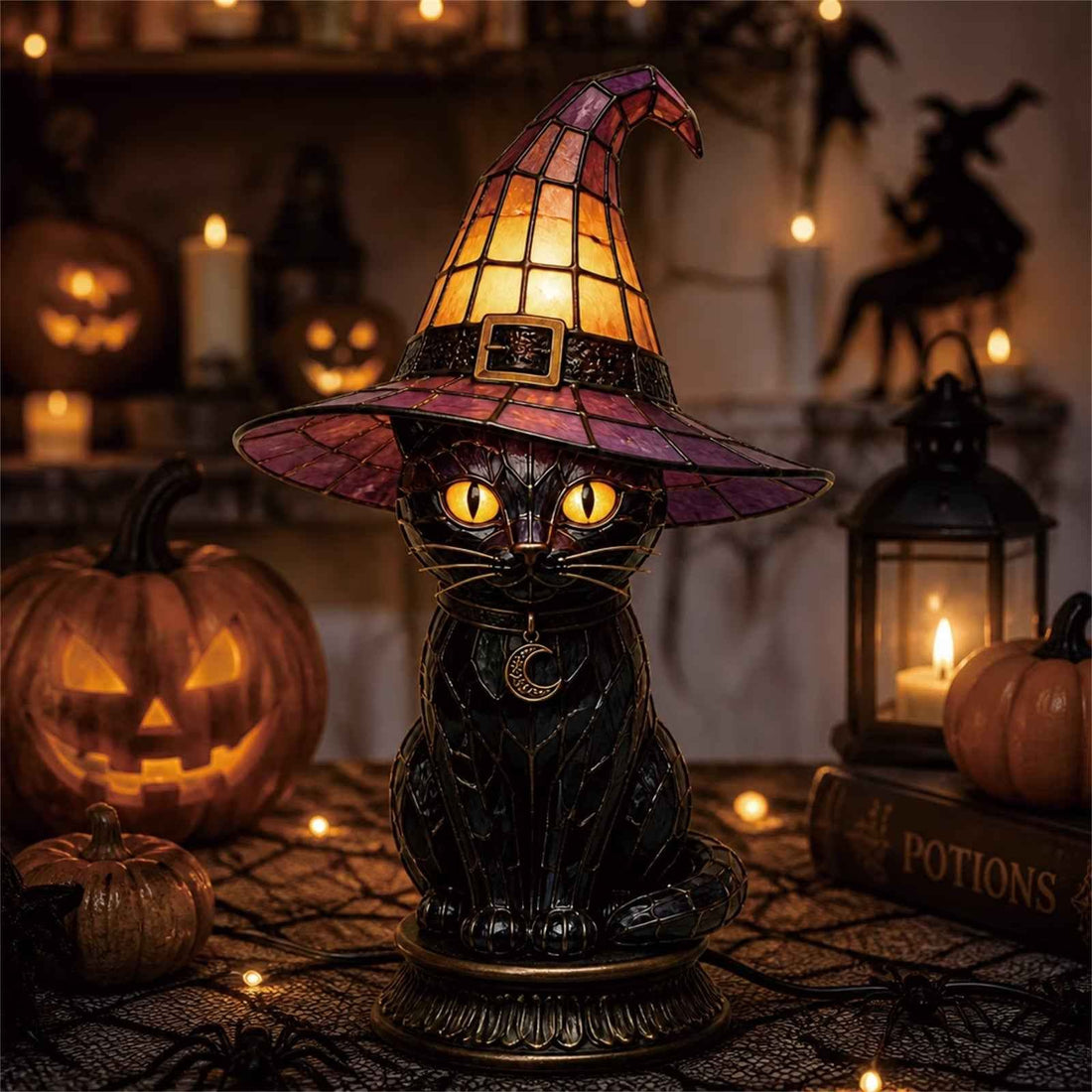 Gothic Stained Resin Witch Black Cat Table Lamp | Halloween Witch Hat Night Light Decor