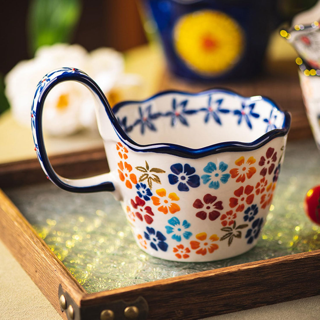 Ceramic Soup Bowl & Mug Set – 14 oz Hand-Painted Floral Stoneware Coffee Cup